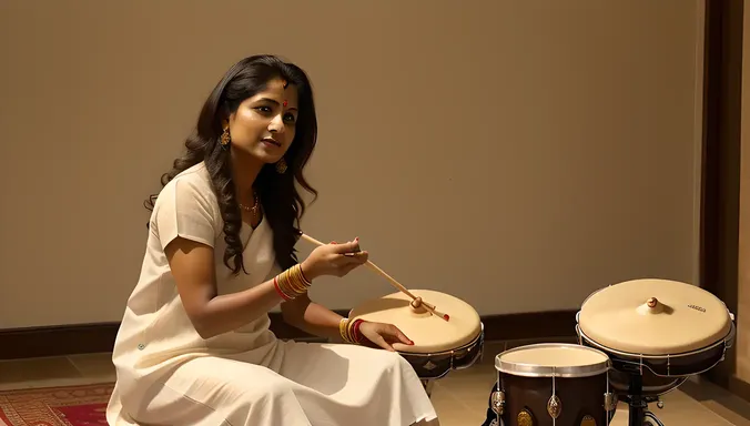 Indian Girl ki Playing Tabla with Simple yet Elegant White Kurta