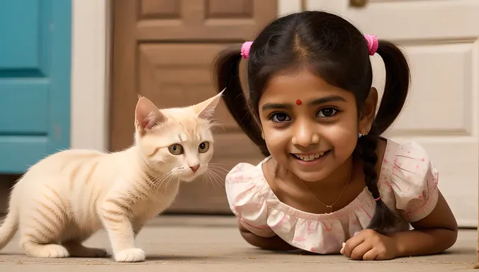 Indian Girl ki Playing with Kitten in Soft Pink Dress and Big Smile