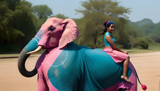 Indian Girl ki Riding Colorful Elephant with Bright Pink and Blue Outfit