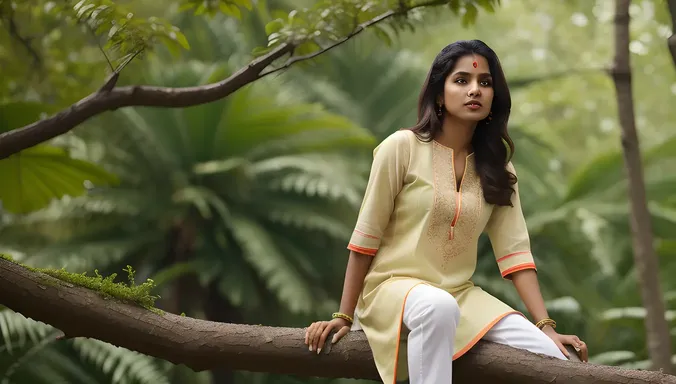 Indian Girl ki Sitting on Tree Branch in Comfortable Cotton Kurti and Jeans