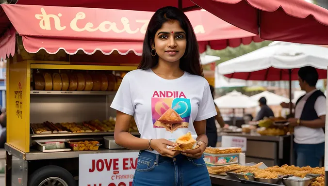 Indian Girl ki at Street Food Stall with Crispy Samosas and Casual Outfit