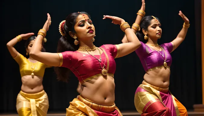 Indian Girl ki in Traditional Bharatanatyam Pose with Orange and Pink Costume