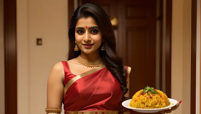 Indian Girl ki in Traditional Lehenga with Delicious Biryani Plate