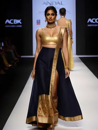 Indian Model Accentuates Figure in Black and Gold Outfit