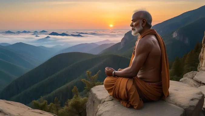 Indian Sadhu Meditates on Mountain Peak at Sunrise