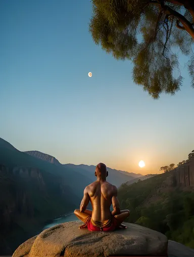 Indian Sadhu Meditates on Rocky Outcrop with Full Moon Shining