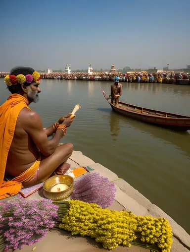 Indian Sadhu Performs Ritual Ceremony on Ganges River Banks