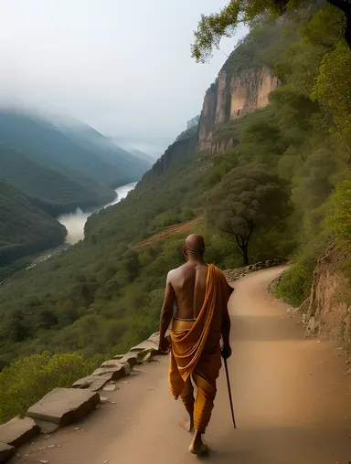 Indian Sadhu Walks Along Mountain Path with Stunning Valley View
