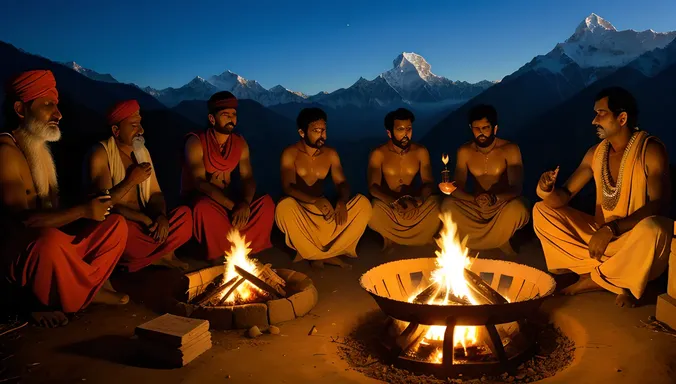 Indian Sadhus Perform Ritual Around Bonfire in Himalayas