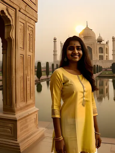 Indian Teen Visits Majestic Taj Mahal in Bright Yellow Outfit