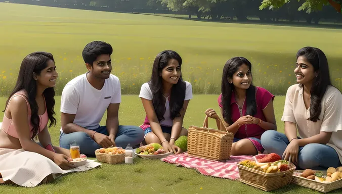 Indian Teenagers Enjoy Picnic in Lush Green Meadow