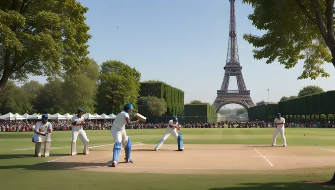 Indian Teenagers Play Cricket with Eiffel Tower View