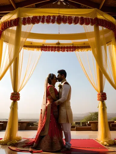 Indian Wedding Setup with Vibrant Bride and Groom