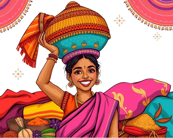 Indian Woman Carries Taraju with Vibrant Fabrics and Spices