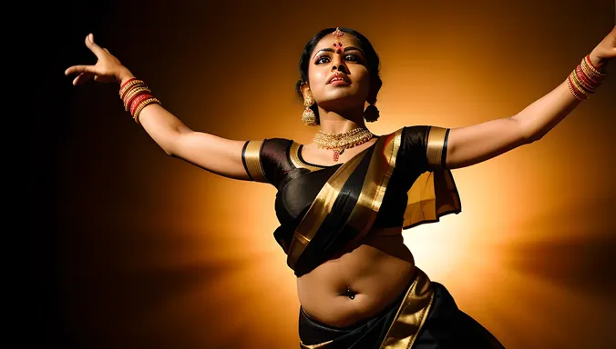 Intense Black Sari Mohiniyattam Dance with Moody Backdrop