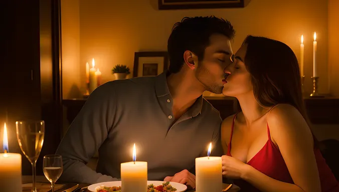 Intimate Candlelit Dinner Kiss Between Boy and Girl
