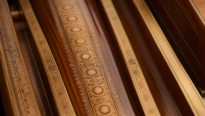 Intricate Carvings on Traditional Indian Santoor Instrument