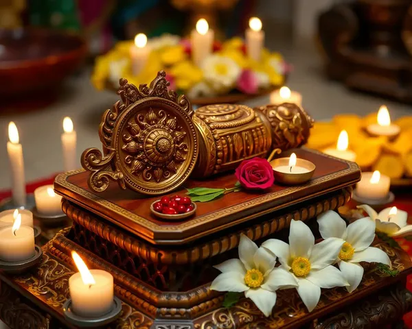 Intricate Shraddha Patrika on Decorated Pedestal, Surrounded by Candles