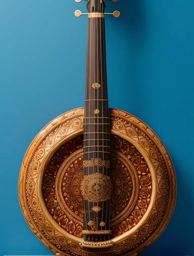 Intricate Veena Instrument on Soft Blue Background