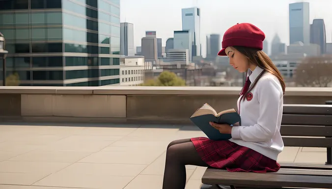 Introspective School Girl with Book and Cityscape