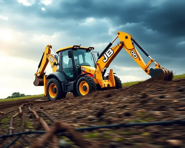 JCB Backhoe Loader in Muddy Terrain with Dramatic Sky