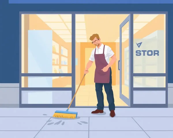 Janitor Cleaning Store Entrance with Broom and Dustpan Illustration PNG
