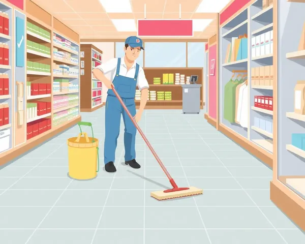 Janitor Cleaning Store Floor with Mop and Janral Store Sign PNG