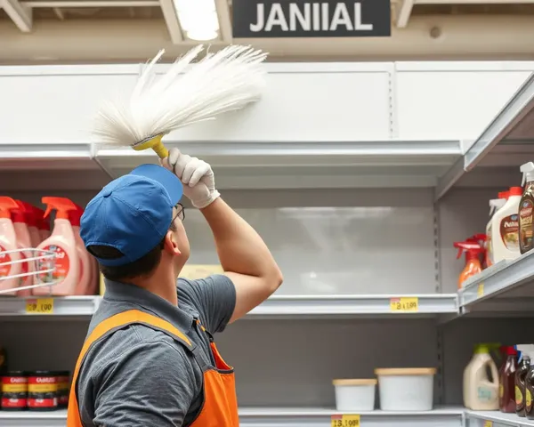Janitor Dusting Store Shelves with Janral Store Background and Cleaning Supplies PNG