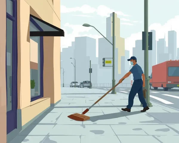 Janitor Sweeping Store Sidewalk with Cityscape Background and Janral Store PNG