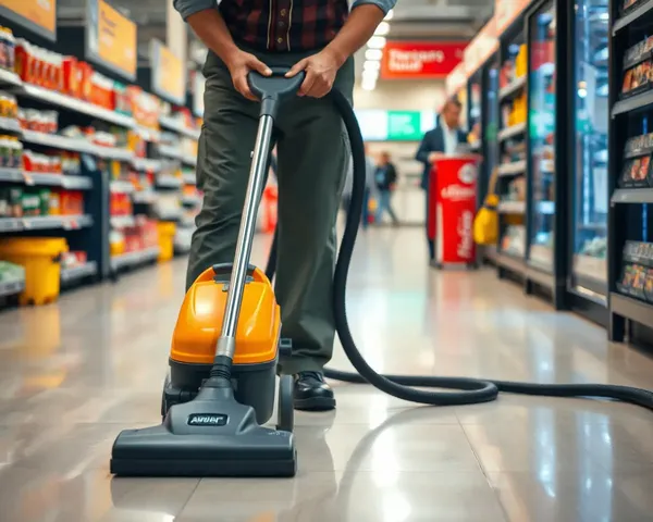 Janitor Vacuuming Store Floor with Janral Store Background and Equipment PNG
