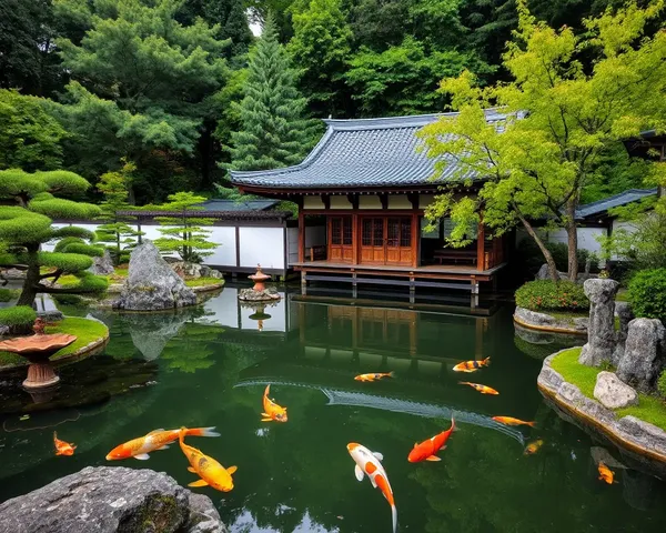 Japanese Garden Surrounds Takiya with Koi Pond