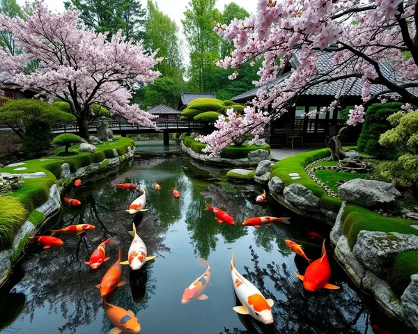 Japanese Garden with Koi Fish and Cherry Blossoms HD