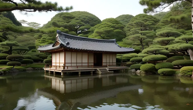 Japanese Garden with Serene Buke and Lush Greenery
