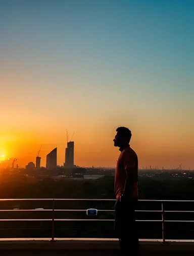 Jayasurya Silhouetted Against City Sunset Glory