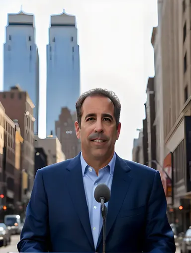 Jerry Seinfeld in Suit, NYC Street Sign, and Microphone