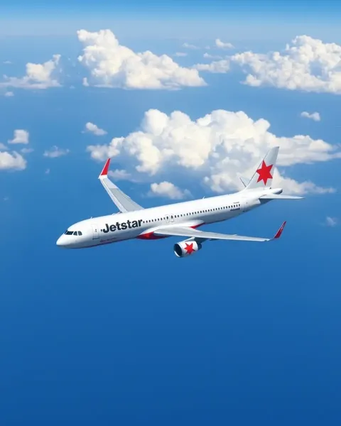 Jetstar A320 Soars Through Clear Blue Sky with Fluffy Clouds
