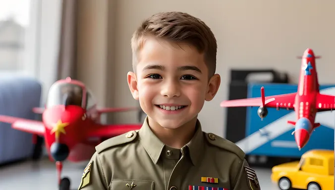 Joyful Air Force Boy with Toy Plane and Big Smile