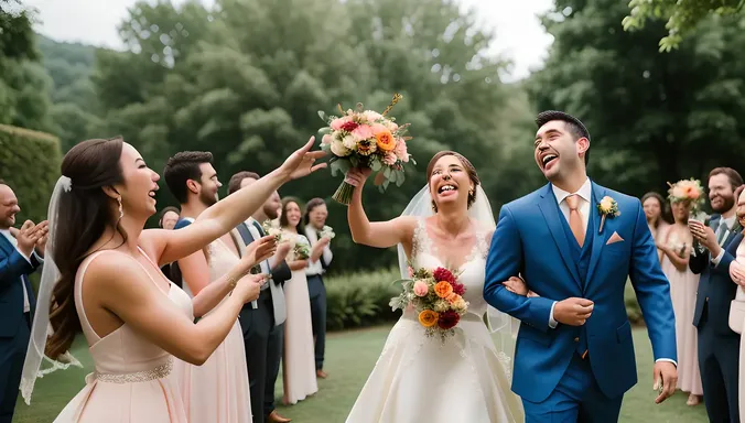 Joyful Bride-to-Be Tosses Bouquet in Pre-Wedding Shoot.
