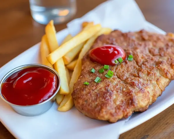 Juicy Beef Cutlet with Crispy Fries and Ketchup