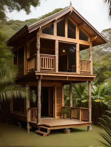 Jungle Stilt House with Exotic Plants and Animals