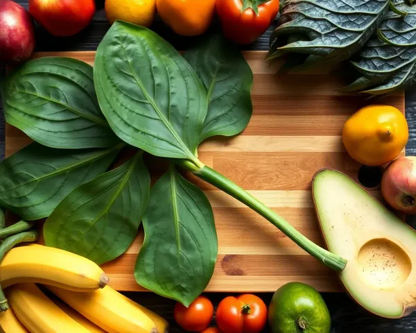 Kaitha Plant's Leaves and Stems with Fresh Fruits and Vegetables