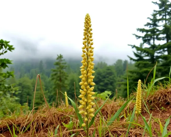 Kaitha Plant Growing Tall in Naturalistic Landscape with Misty Forest