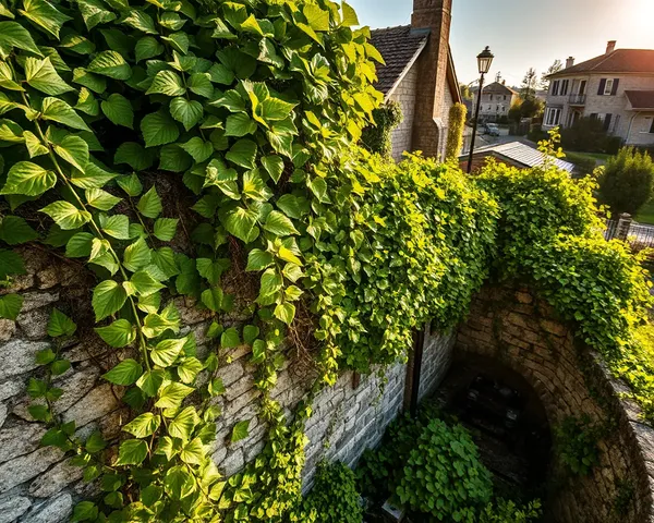Kaitha Plant Vines and Leaves Covering Stone Wall in Village