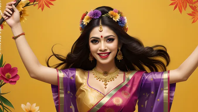 Kaliamman Dancing with Colorful Flowers and Leaves