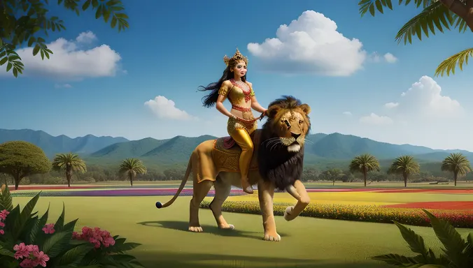 Kaliamman Riding Lion with Vibrant Flowers and Leaves