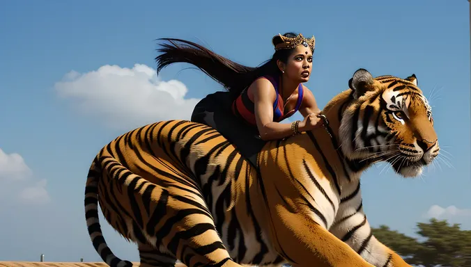 Kaliamman Riding Tiger with Wind Blowing through Hair
