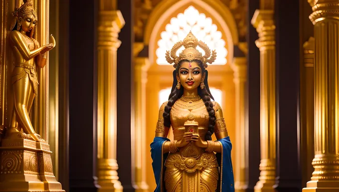 Kaliamman in Grand Temple with Intricate Carvings and Golden Light