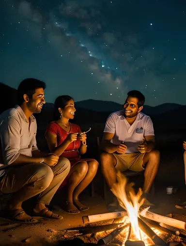 Kallu Family Gathering Around Campfire under Starry Night