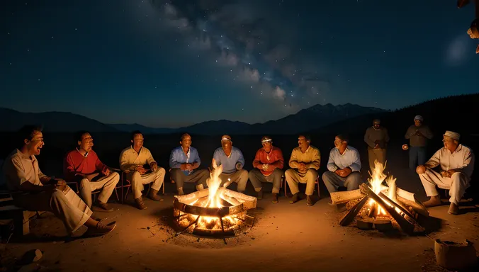 Kallu Figures Share Stories Around Campfire