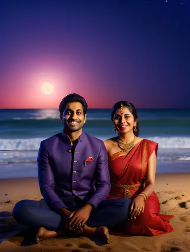Kamdev God Image with Rati on Moonlit Beach